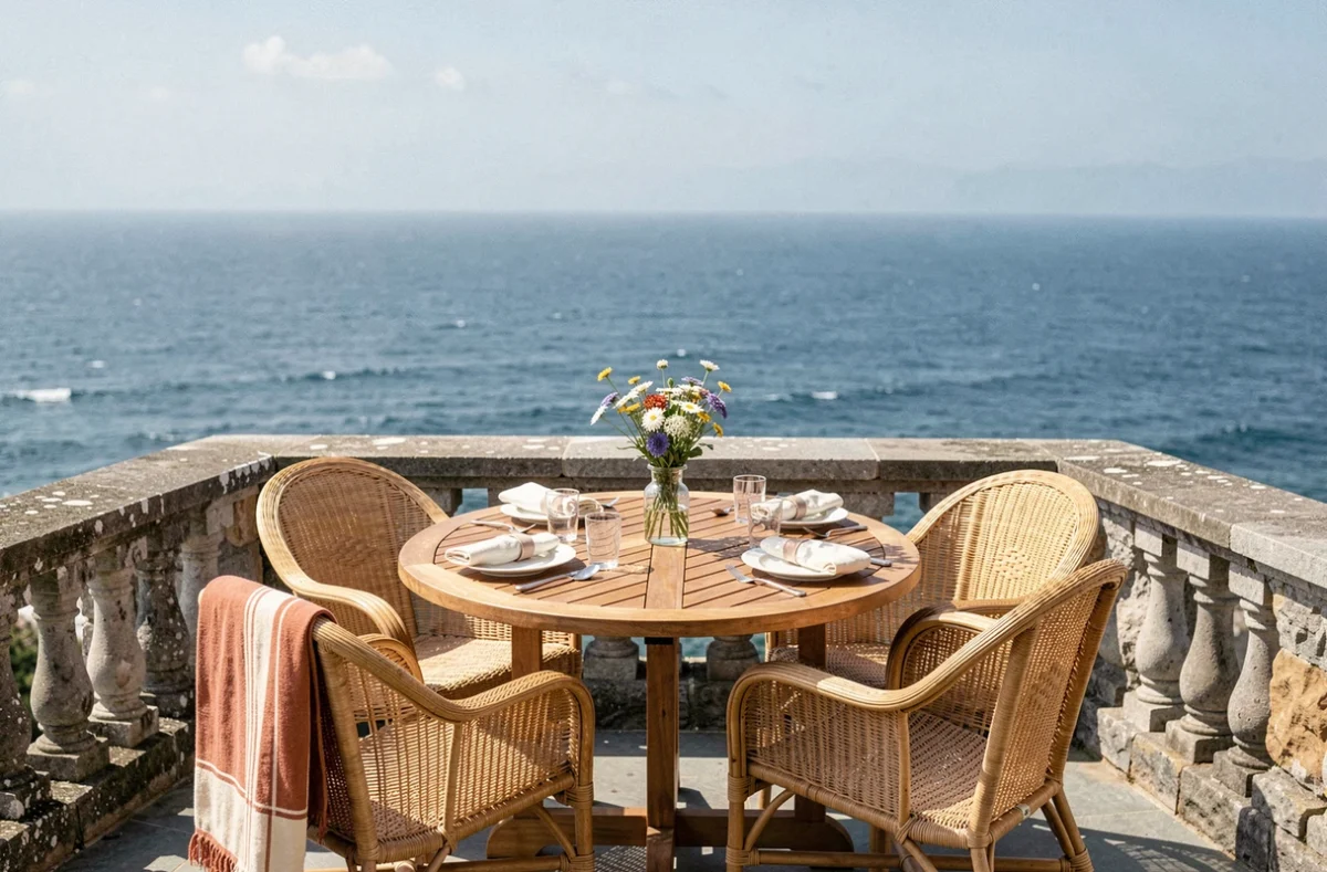 Terrasse d'une location bord de mer aménagée avec table en teck et vue panoramique sur l'Atlantique