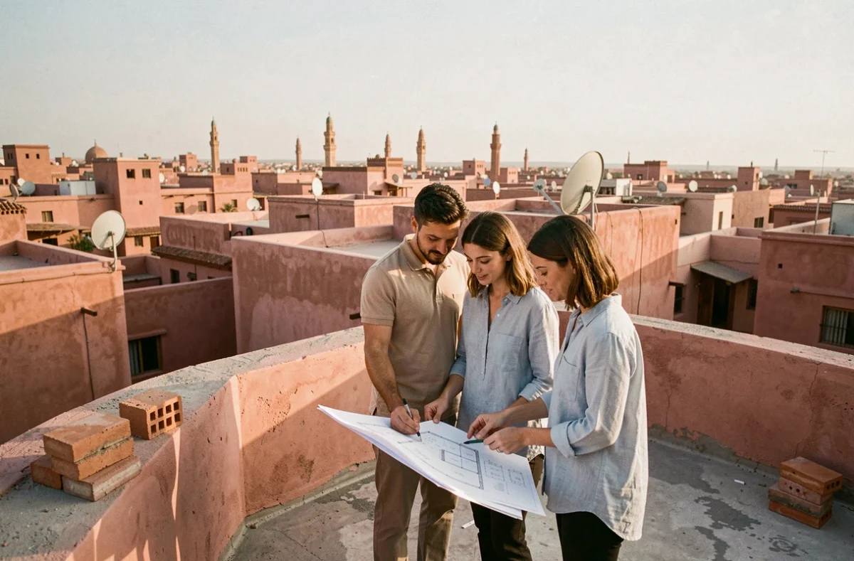 Couple consultant des plans immobiliers sur une terrasse avec vue sur les toits de la médina de Marrakech, illustration d'un achat appartement à Marrakech pour 50000 euros