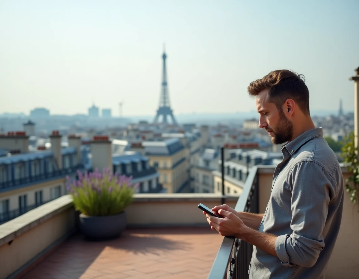 Homme consultant une application immobilière sur une terrasse avec vue sur les toits de Paris et la Tour Eiffel