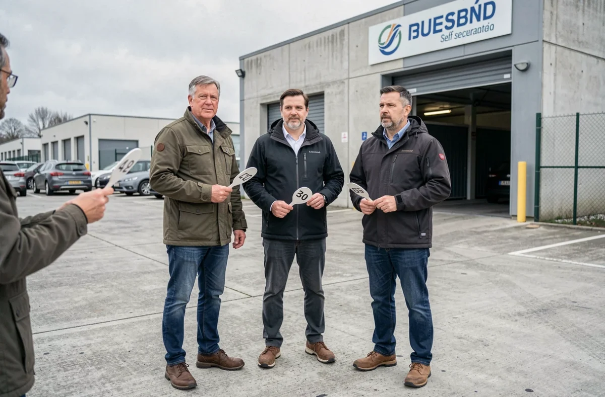 Groupe d'enchérisseurs tenant des padles de mise devant un centre de self-stockage lors d'une vente aux enchères de box abandonnés en France