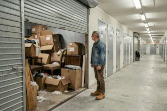 Homme inspectant un box abandonné lors d'une vente aux enchères dans un entrepôt de self-stockage en France