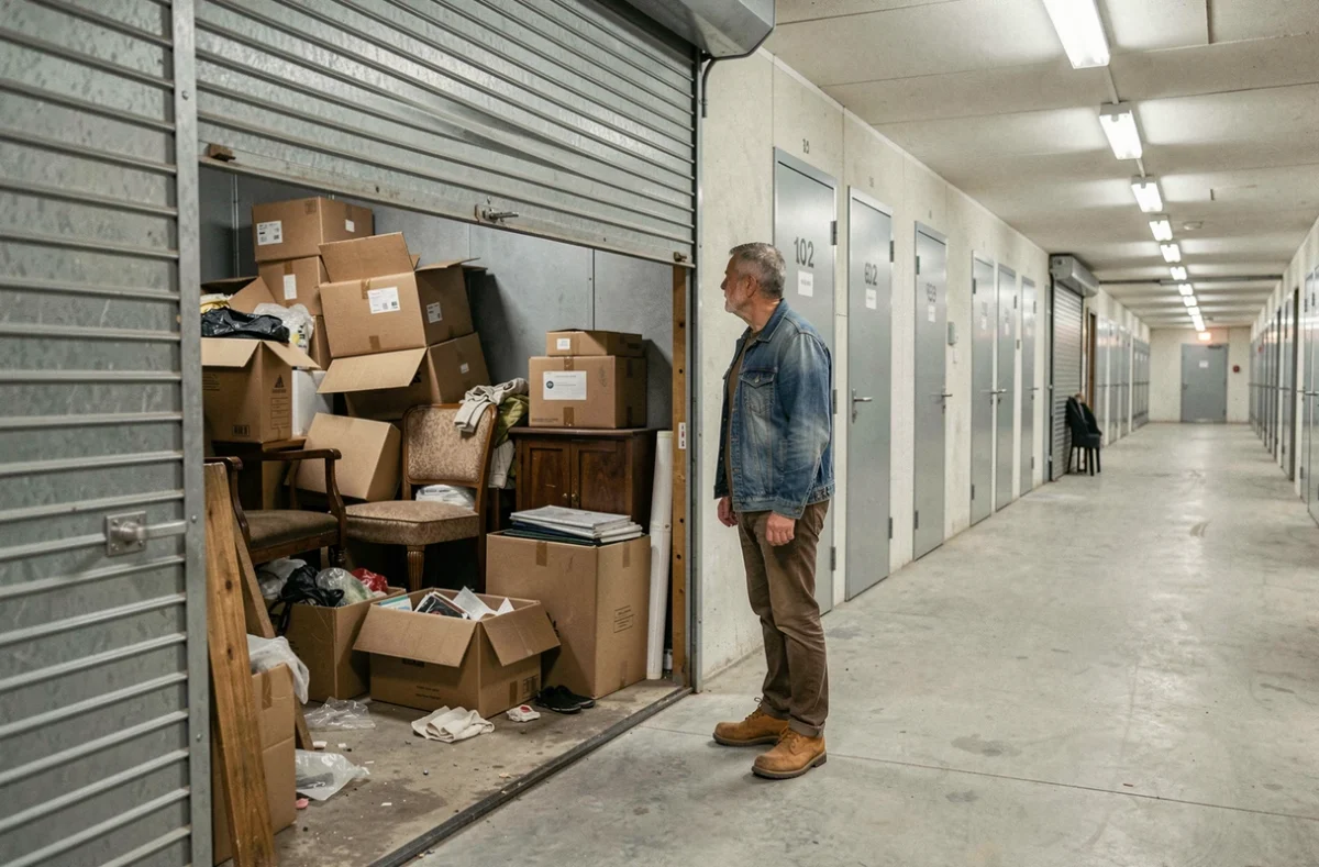 Homme inspectant un box abandonné lors d'une vente aux enchères dans un entrepôt de self-stockage en France