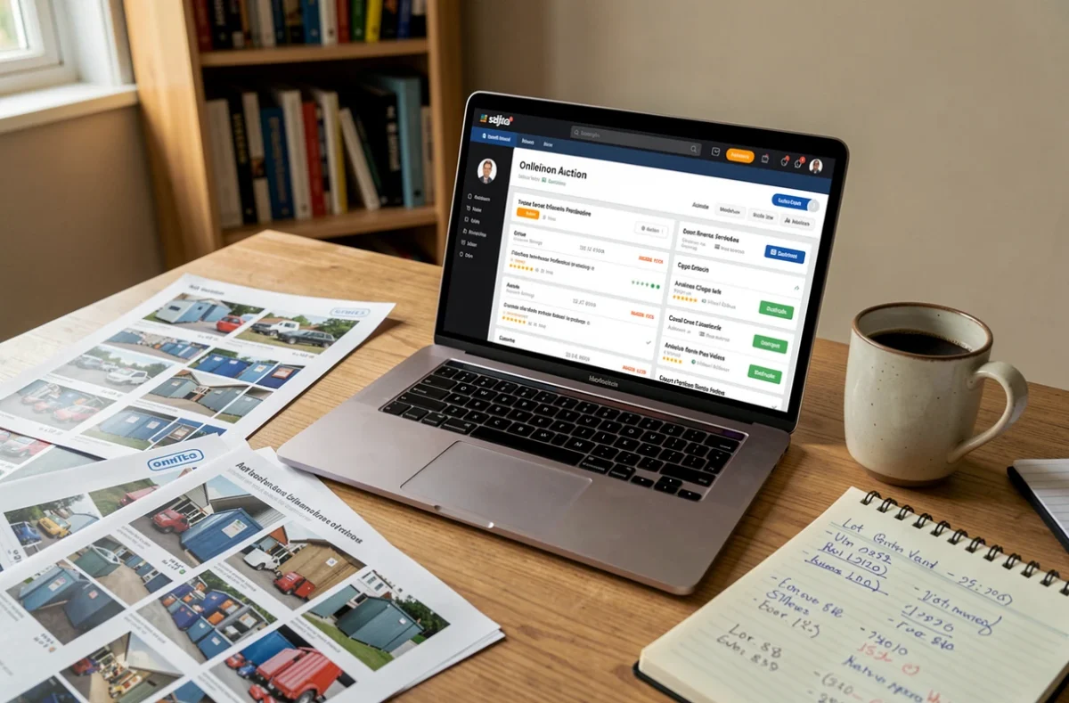 Ordinateur portable affichant une plateforme de vente aux enchères de box abandonnés en France avec catalogues et notes d'enchérisseur