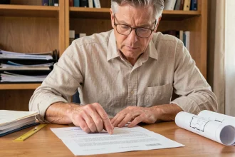 Homme vérifiant la surface en mètres carrés sur un acte de vente immobilier posé sur un bureau en bois