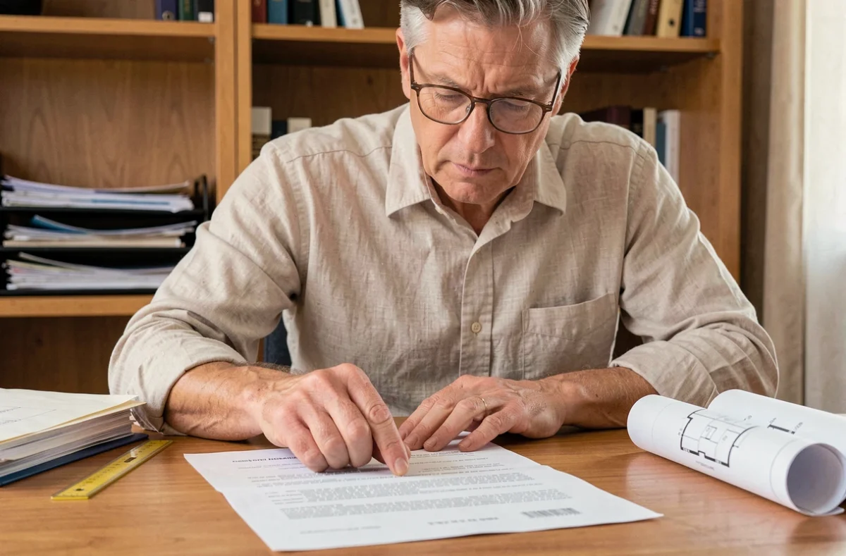 Homme vérifiant la surface en mètres carrés sur un acte de vente immobilier posé sur un bureau en bois