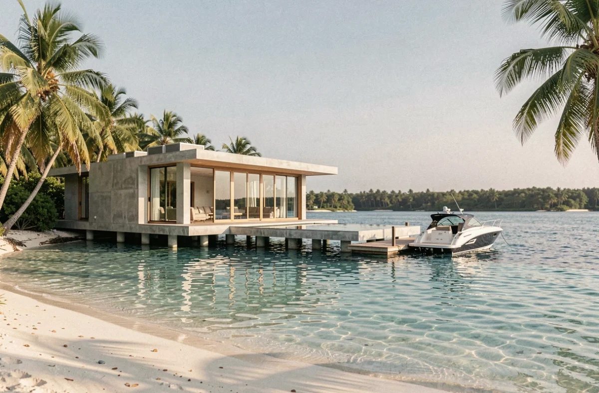 Villa moderniste sur pilotis au-dessus d'un lagon turquoise sur une île privée tropicale, avec piscine à débordement et ponton privé