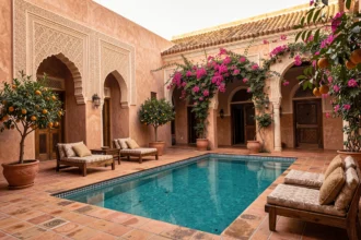 Villa à vendre à Marrakech avec piscine privée et architecture traditionnelle marocaine en tadelakt ocre